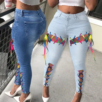 2022 летни дамски дънки скъсани ремъци кухи секси модни дънкови панталони молив дамски тесни дънки женски