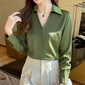 2022 Пролетна Риза Дамски Нова Мода Прости Блузи с V-образно деколте Дамски Зелени за Жени Бяла Шифоновая Блуза с намаляване на Плътен Цвят 1635