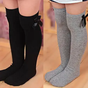 Памучни Чорапи До Коляното За Момичета, Детски Зимни Гамаши В Ивица С Лък За Деца
