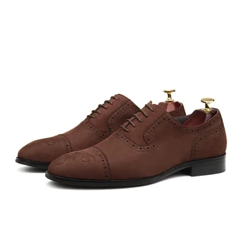 По-големи размери EUR45, черно/тъмно-кафяви бизнес обувки с остри пръсти, Oxfords от набук, мъжки модел обувки